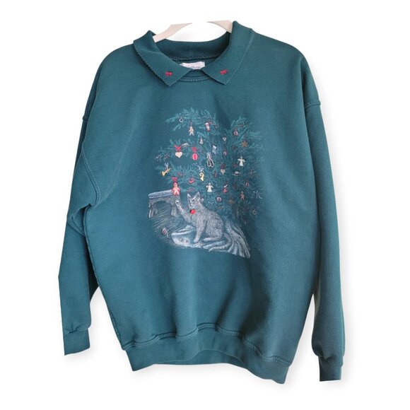 Vintage 90s Northern Treasures Cat Christmas Tree Collared Sweatshirt Green S - Picture 2 of 9